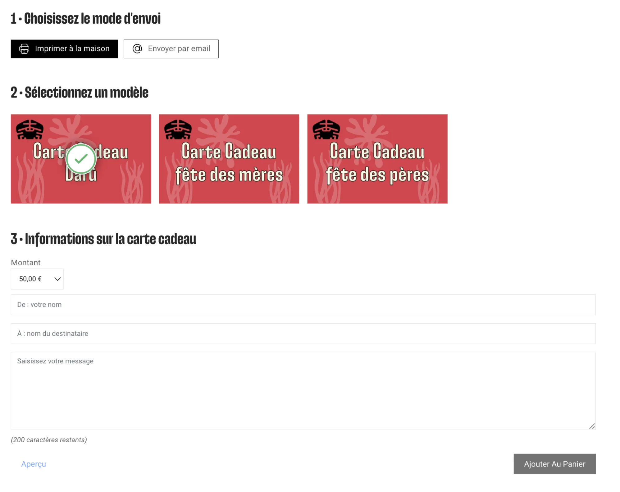 Interface de configuration du module de cartes cadeau
